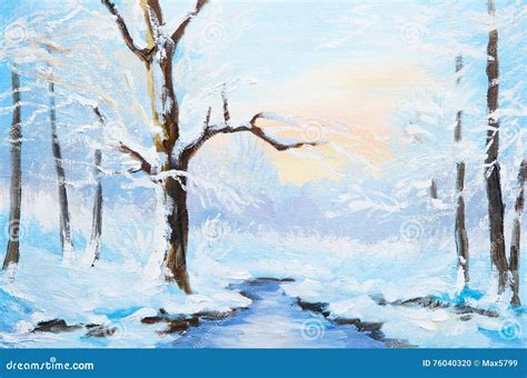 Oil Painting Winter Landscape Frozen River In The Forest Stock