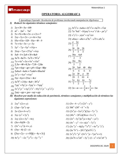 Guía N°1 Algebra Ejercicios Matemáticas 1 Operatoria Algebraica
