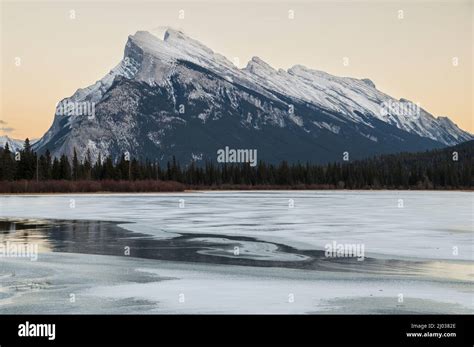 Sunset At Mount Rundle And Vermillion Lakes With Ice And Snow Banff