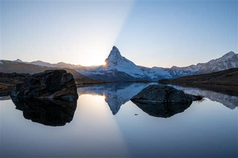 Sunset Behind The Matterhorn Reflected In The Stellisee Zermatt