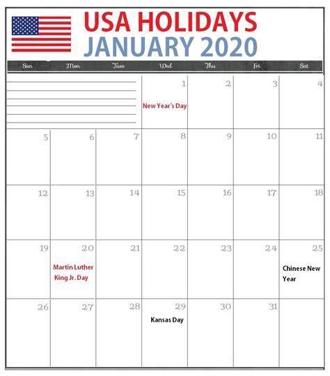 January 2020 Usa Holidays Calendar Calendar Usa Daily Calendar