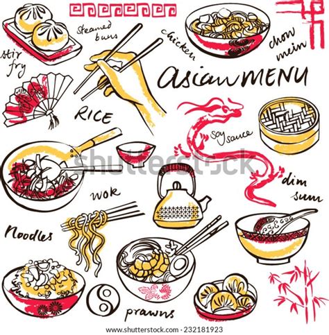 Chinese Food Icons Drawing Vector Set Stock Vector Royalty Free