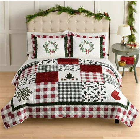 Christmas Farmhouse Plaid Patchwork Holidays Full Queen Quilt And Shams