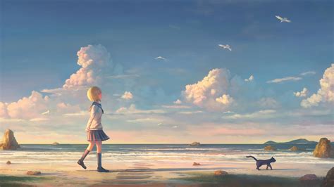 1920x1080 Anime Girl Walking On Beach With Cat Laptop Full Hd 1080p Hd