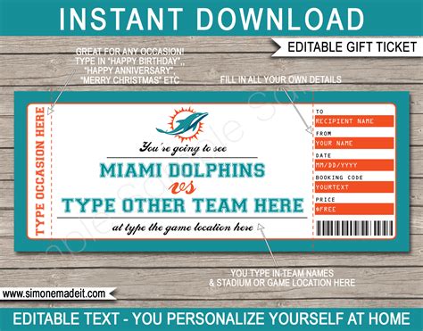 Miami Dolphins Game Ticket T Voucher Printable Surprise Football