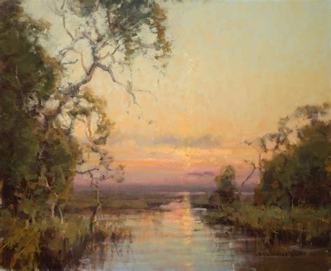 An Oil Painting Of A River With Trees In The Foreground And Sunset In