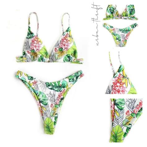 Zaful Green Palm Jungle Leaves Triangle High Leg Bikini Swimsuit