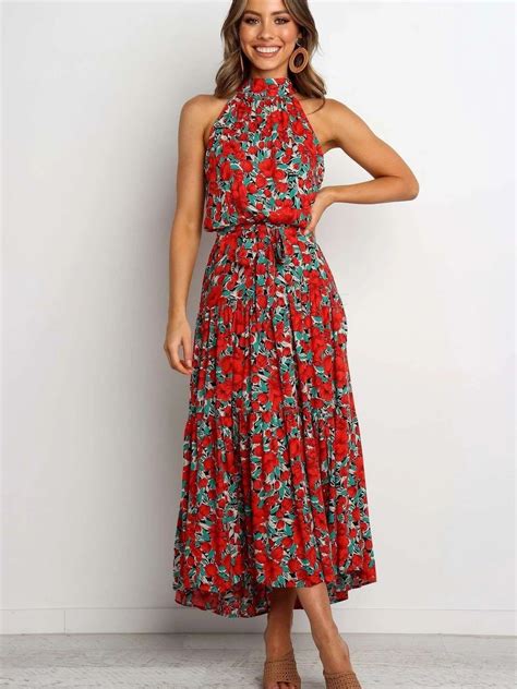 Fashion Print Round Neck Sleeveless Maxi Dresses Maxi Dress Red