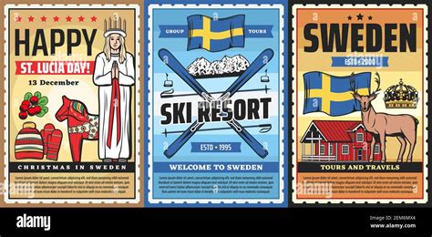 suecia agencia de viajes vector pósteres retro turismo escandinavo cultura y tradiciones