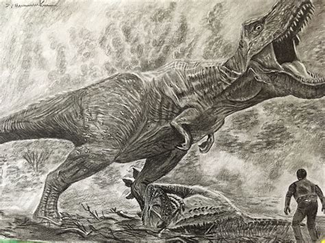 A Pencil Drawing Of A Dinosaur And A Man