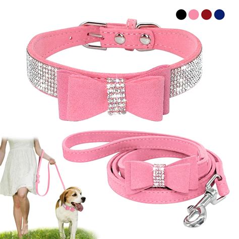 Bling Bowknot Suede Leather Rhinestone Dog Collar And Leash Set Pet