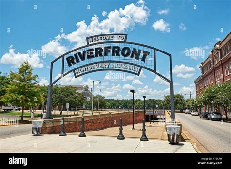 Welcome To Riverfront Montgomery Alabama Sign At The Entrance To A