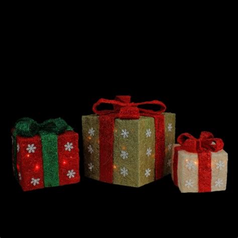 Northlight Set Of 3 Lighted Gold Cream And Green Gift Boxes Outdoor