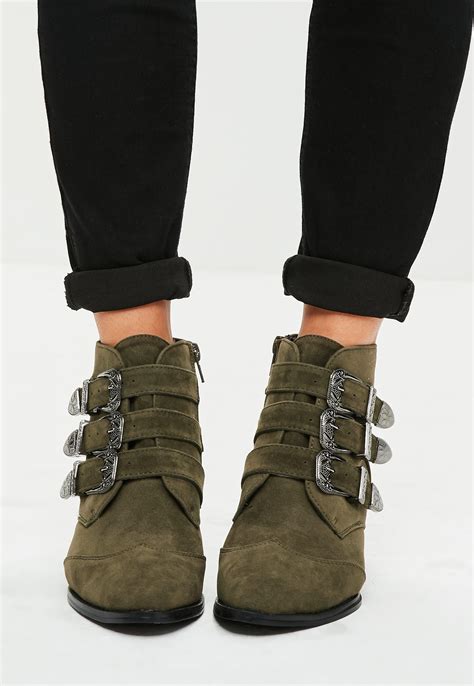 Lyst Missguided Khaki Faux Suede Four Buckle Ankle Boots