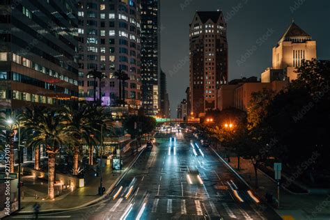 Night Cityscape View Of 5th Street In Downtown Los Angeles California