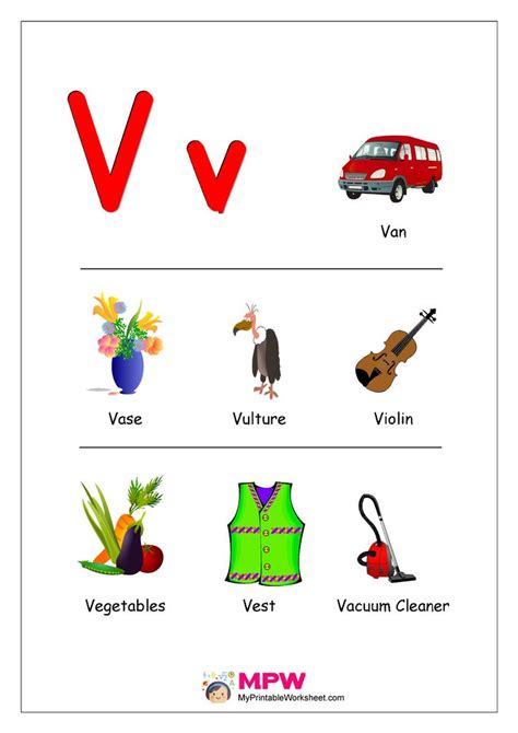 Things that start with V Alphabet Printable Worksheet | Preschool