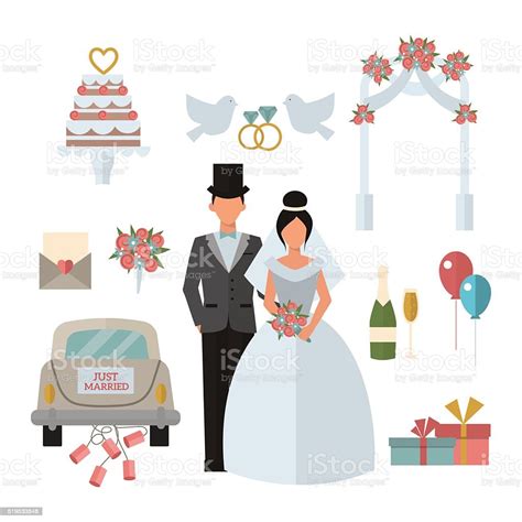 Wedding Symbols Bride Bridegroom Married Couple Marriage Car Fat Vector