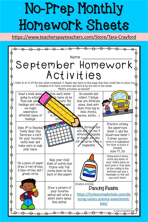 Pre K Homework September Pre K Homework Board Editable By Mrs Woods