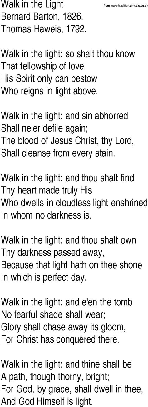 Hymn And Gospel Song Lyrics For Walk In The Light By Bernard Barton