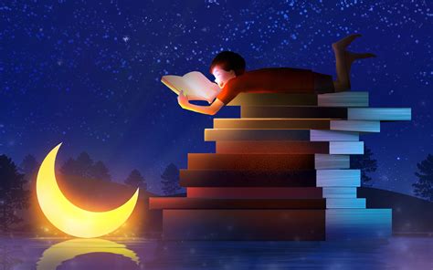 Starry Sky Moon Reading Boy Dreamy Illustration Preview