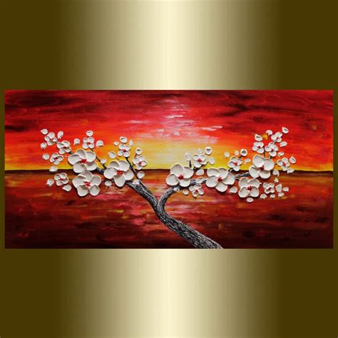 Hand Painted Thick Knife Oil Painting White Cherry Tree Modern Home