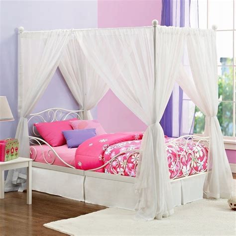 New Twin Size Metal Canopy Bed Girls Princess White Four Post Frame Heart Scroll The Clearance