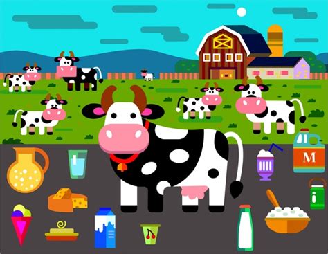 Dairy Products Icons Illustration With Cow On Farm Free Vector In Adobe