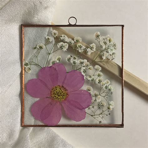 Flowers In Copper Metal Frame And Double Glass Pressed Flower Art