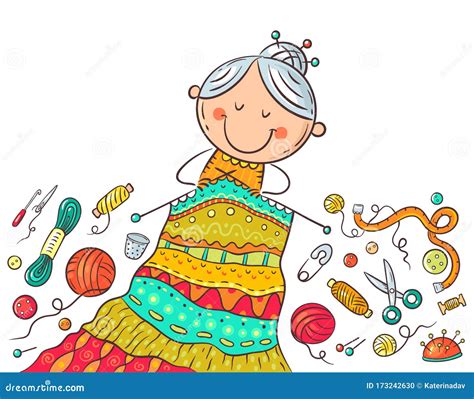 Granny Knitting Crafting Or Handmade Concept Cartoon Illustration
