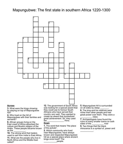 Mapungubwe The First State In Southern Africa 1220 1300 Crossword