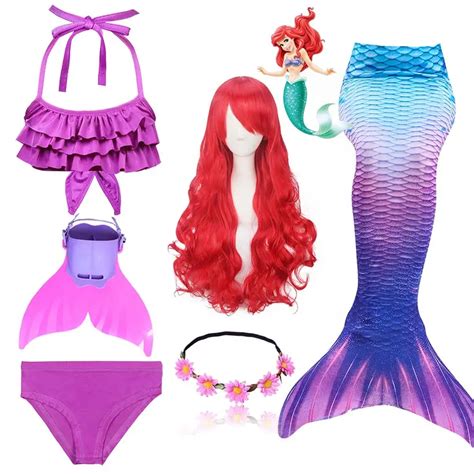 Girls Ariel Swimmable Mermaid Tail Swimming Bathing Suit Wig Costume