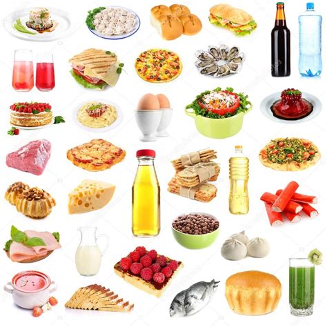 Alimentos Y Bebidas Collage Aislado En Blanco — Fotos De Stock