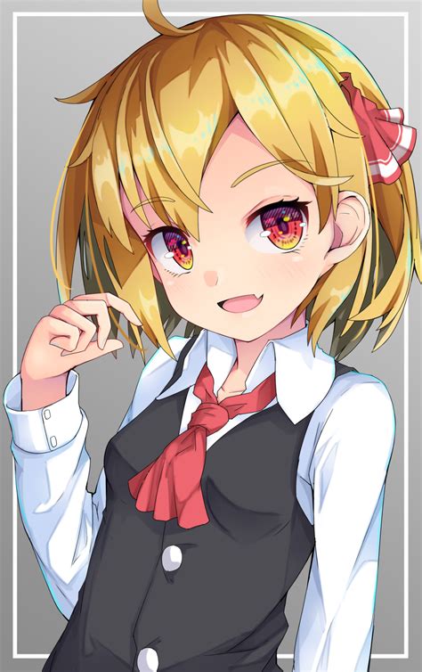 safebooru 1girl d blonde hair commentary request eyebrows visible through hair fang highres