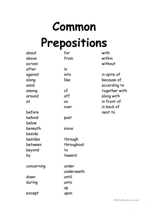 Welcome to esl printables, the website where english language teachers exchange resources: Common Prepositions worksheet - Free ESL printable ...