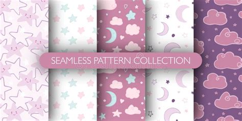 Set Of Cute Seamless Pattern For Baby Stars Cloud Moon Pattern