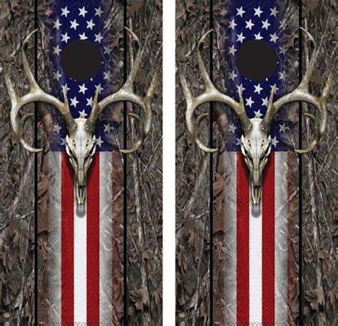 Deer Skull With American Flag Faded Into Camouflage Background