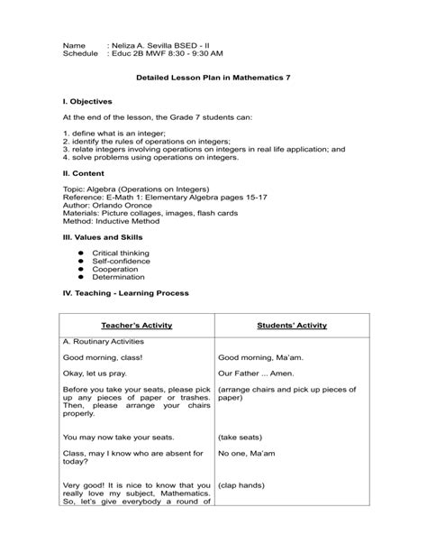 A Detailed Lesson Plan In Mathematics 1 A Detailed Le