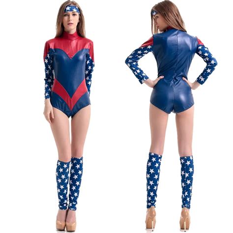 Captain America Jumpsuits Performance Costume Halloween Adult Women Catsuit Jumpsuit Superhero