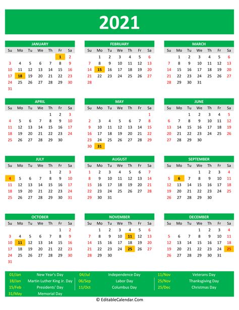 2021 Printable Calendar With Holidays Portrait Orientation