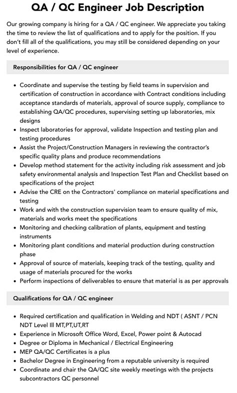 Qaqc Engineer Roles And Responsibilities