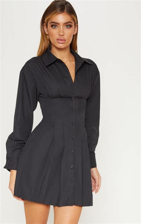 Black Pleated Waist Detail Shirt Dress Prettylittlething Usa