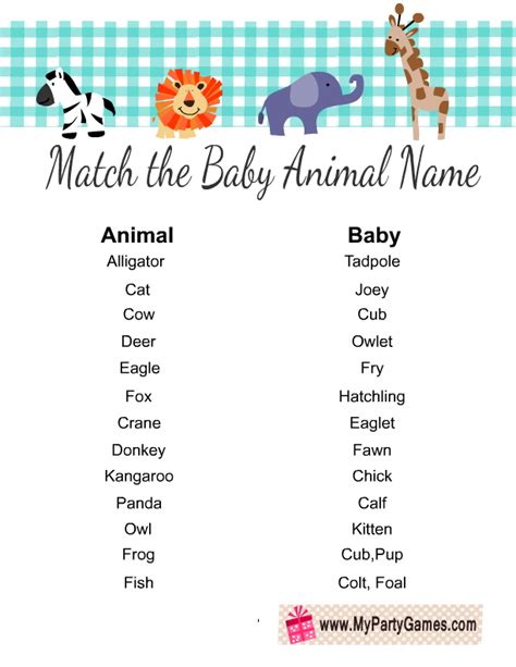Free Printable Match The Baby Animal Name Game