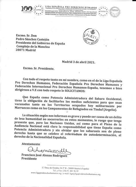 Carta Al Presidente De Gobierno Pedro Sanchez Castejon Liga Española