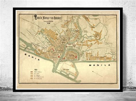 Prints Map Of Manila Teak Wood Magnetic Hanger Frame Optional Philippines Suburbs Antique Map