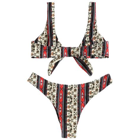 Zaful High Cut Bikini Floral Knot Front Tie Printed Bikini Set Sexy Bathing Suit Swimwear Push