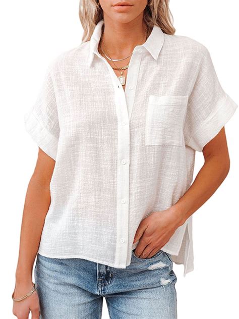 Women Cotton Linen Blouse Summer Solid Color Short Sleeve Lapel Neck