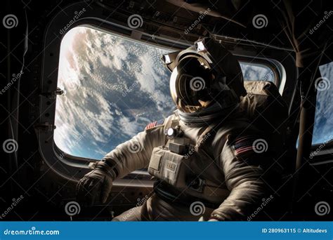 Astronaut Floating In Zero Gravity Looking Out Of Spaceship Window At