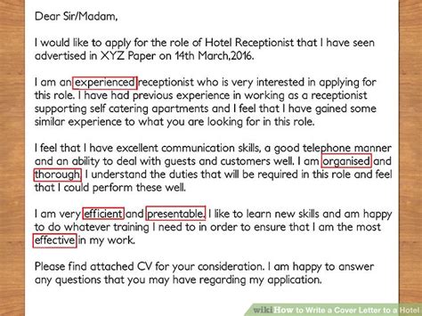 Letter to apply for a job in a hotel. How to Write a Cover Letter to a Hotel (with Pictures) - wikiHow