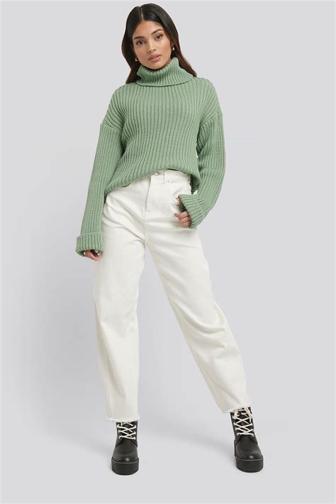 Ribbed Knitted Turtleneck Sweater Khaki Na