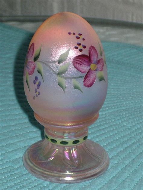 Vintage Fenton Egg Hand Painted Pink Iridized Glass Fenton Signed Glass Hand Painted Fenton